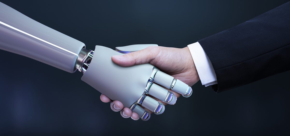 Business hand robot handshake, artificial intelligence digital t